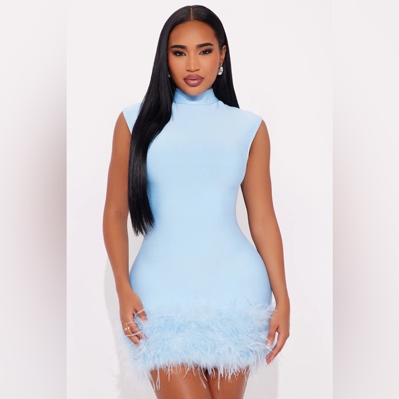Fashion Nova Dresses & Skirts - Fashion Nova Baby Blue Feather Trim Mini Dress